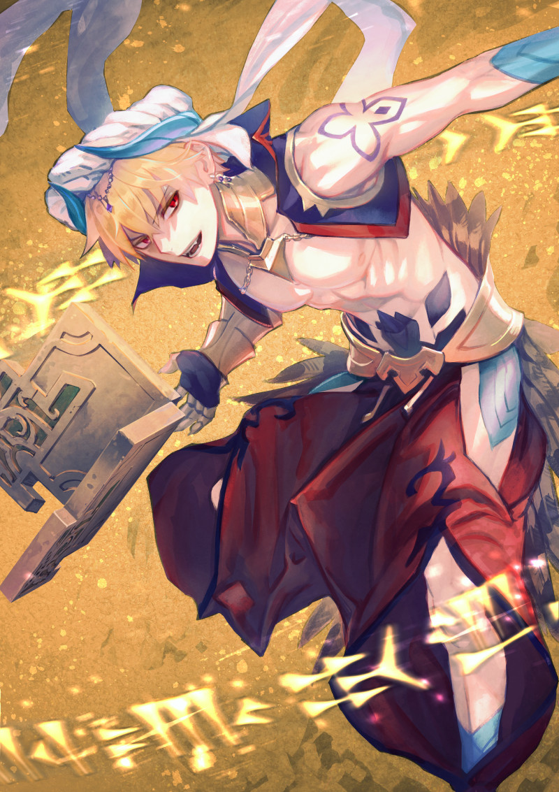 1boy arabian_clothes blonde_hair cropped_vest cuneiform earrings fate/grand_order fate_(series) gauntlets gilgamesh_(caster)_(fate) gilgamesh_(fate) jewelry light_particles male_focus muscular na222222 open_mouth red_eyes short_hair single_gauntlet smile spell stone_tablet tattoo turban vest