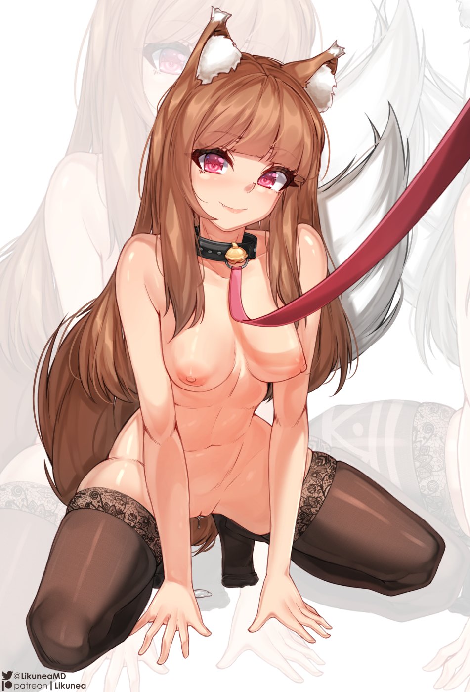 1girl animal_ears bell blunt_bangs breasts brown_hair brown_thighhighs closed_mouth collar full_body highres holo kneeling leash likunea long_hair looking_at_viewer medium_breasts multiple_girls navel neck_bell nipples nude pussy_juice pussy_juice_puddle red_eyes smile spice_and_wolf tail thighhighs viewer_holding_leash wolf_ears wolf_girl wolf_tail zoom_layer