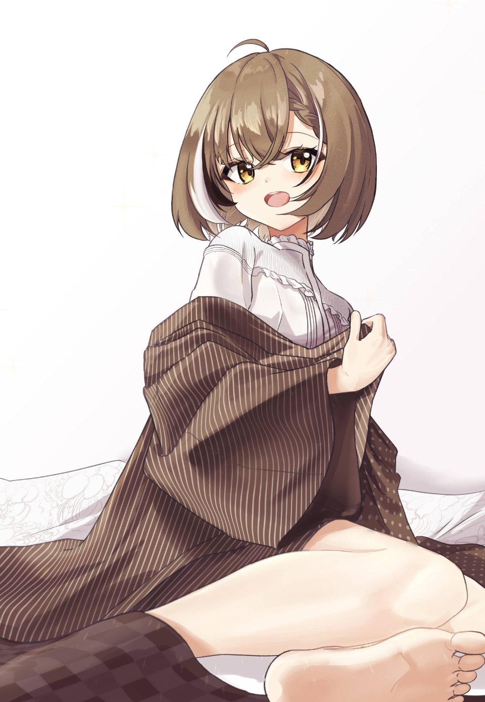 1girl :d ahoge alternate_costume bare_legs barefoot bed_sheet braid braided_bangs brown_eyes brown_hair brown_robe checkered_clothes crossed_bangs double-parted_bangs frilled_shirt frills highres hololive hololive_english looking_at_viewer multicolored_hair nanashi_mumei nanashi_mumei_(new_year) nogi_nagi off_shoulder robe shirt short_hair smile streaked_hair striped teeth upper_teeth_only virtual_youtuber white_shirt