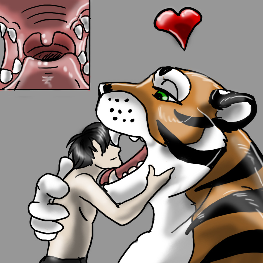 &lt;3 arm_around_partner bed bedroom bodily_fluids clothing duo felid feral furniture head_insertion human jeremiah_leckrone licking male male/male mammal neck_grab nero_(shorty) on_tongue open_mouth oral_vore pantherine saliva size_difference soft_vore teeth throat tiger tongue tongue_out uvula vore