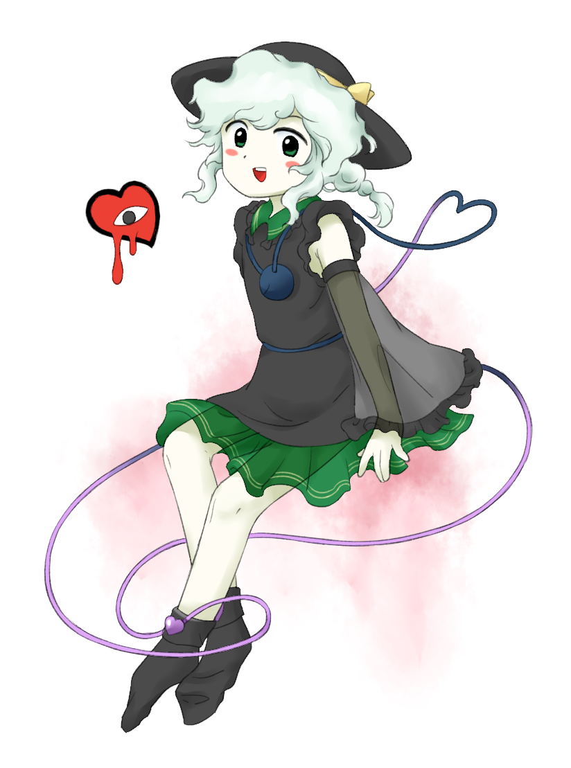 1girl :d black_headwear black_shirt black_socks closed_eyes collared_shirt detached_sleeves double_horizontal_stripe flat_chest frilled_shirt_collar frilled_sleeves frills full_body green_eyes green_hair green_skirt hat heart komeiji_koishi long_shirt long_sleeves nonamejd official_style open_mouth see-through see-through_sleeves shirt short_hair sitting skirt smile socks solo teeth third_eye touhou upper_teeth_only wide_sleeves zun_(style)