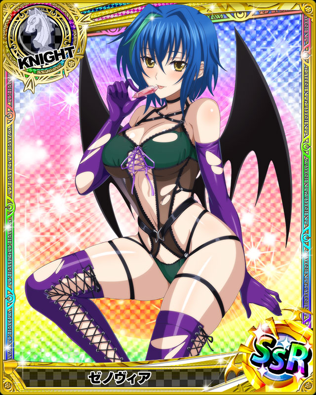 1girl blue_hair breasts card_(medium) chess_piece choker crystal demon_girl demon_wings elbow_gloves gloves green_hair hair_between_eyes high_school_dxd knight_(chess) leotard looking_at_viewer medium_breasts navel official_art see-through short_hair solo thigh_strap thighhighs tongue tongue_out torn_clothes wings xenovia_quarta yellow_eyes
