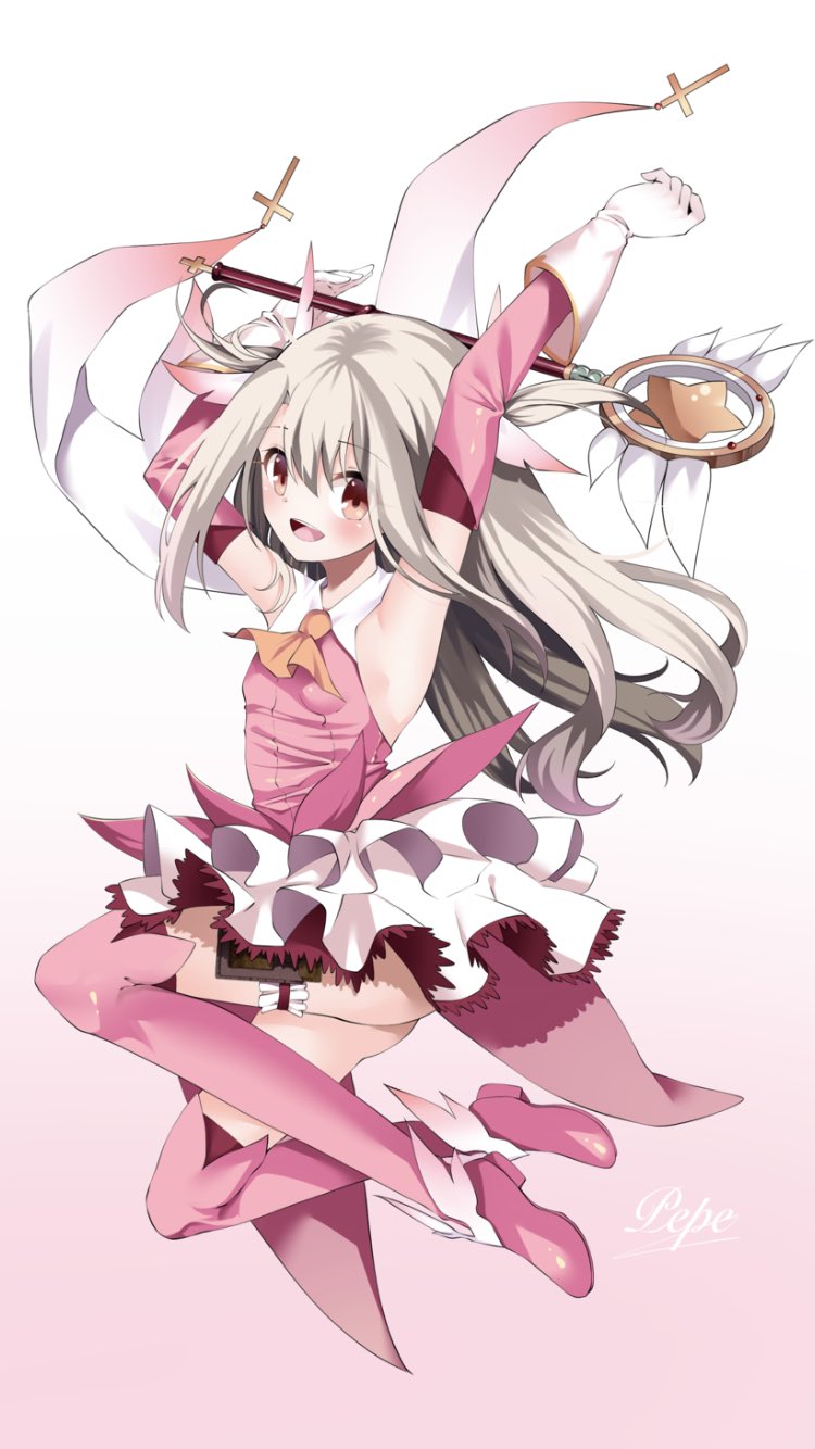 1girl arms_up ascot bare_shoulders blush boots breasts cape dress elbow_gloves fate/kaleid_liner_prisma_illya fate_(series) feather_hair_ornament feathers gloves gradient_background hair_ornament highres illyasviel_von_einzbern kaleidostick layered_gloves long_hair looking_at_viewer magical_ruby open_mouth pei_iriya pink_background pink_dress pink_footwear pink_gloves prisma_illya red_eyes sidelocks skirt small_breasts smile thigh_boots two_side_up wand white_background white_cape white_gloves white_hair white_skirt