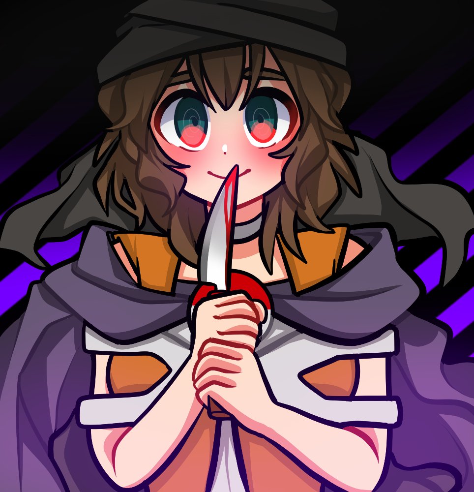 1jumangoku 1other androgynous bandana bare_arms black_background black_bandana blood blood_on_knife blue_eyes blush brown_hair choker closed_mouth eye_of_senri gradient_background holding holding_knife jacket knife kuzu_suzumi len'en looking_at_viewer medium_hair open_clothes open_jacket orange_jacket other_focus purple_background purple_scarf scarf shirt sleeveless sleeveless_jacket sleeveless_shirt smile solo straight-on striped striped_background thick_eyebrows two-tone_background upper_body white_choker white_shirt