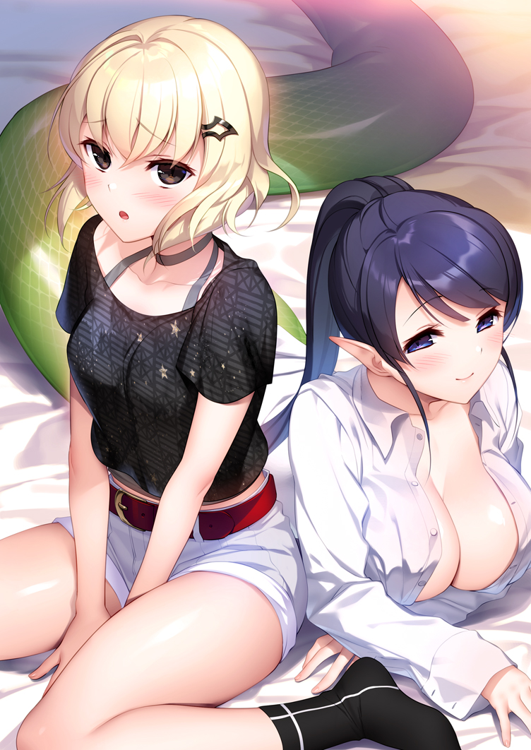 2girls bangs belt belt_buckle black_shirt blonde_hair blue_eyes blue_hair blush breasts brown_eyes buckle buttons cleavage closed_mouth collarbone commentary_request eyebrows_visible_through_hair lamia large_breasts long_hair long_sleeves lying monster_girl multiple_girls no_bra official_art on_stomach open_mouth pointy_ears ponytail scales shakaijin_ga_kizuku_ajin_harem shirt short_hair short_sleeves shorts sitting slit_pupils small_breasts smile socks tail tsuyuta_kome wariza