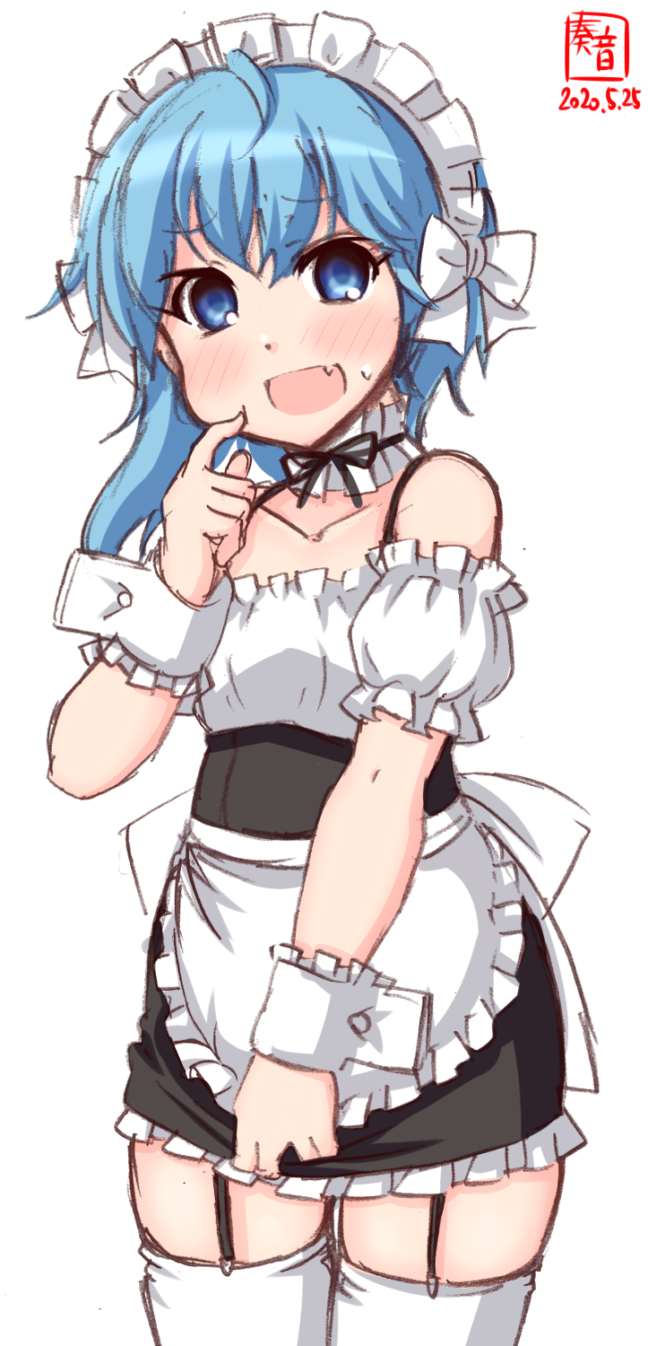 1girl alternate_costume apron artist_logo asymmetrical_hair black_skirt blouse blue_eyes blue_hair commentary_request dated detached_collar detached_sleeves enmaided fang frilled_apron frilled_skirt frills garter_straps highres kanon_(kurogane_knights) kantai_collection maid minazuki_(kantai_collection) pointing short_hair simple_background skin_fang skindentation skirt smile solo thighhighs waist_apron white_apron white_background white_blouse white_legwear