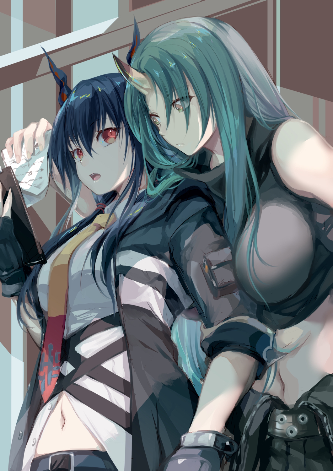 2girls arknights black_shirt black_shorts blue_hair breasts ch'en_(arknights) closed_mouth clothes_around_waist commentary_request dragon_horns gloves green_hair highres holding holding_paper horn horns hoshiguma_(arknights) jacket_around_waist large_breasts long_hair midriff multicolored_neckwear multiple_girls navel neckwear oni_horn oni_horns open_mouth paper red_eyes shirt shirt_around_waist shorts standing stomach yellow_eyes yellow_neckwear yue_(pixiv2547)