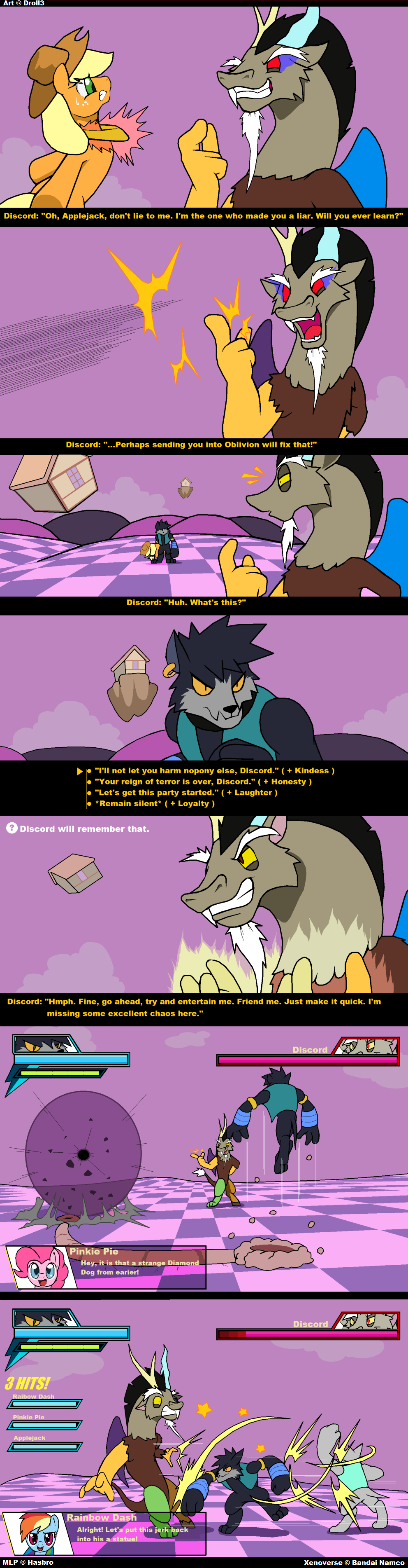 absurd_res anthro applejack_(mlp) boss boss_fight building_lifting canid chaos chess_board chimera clothing combo_move comic corruption crossover dialogue dialogue_box dialogue_choice dialogues diamond_dog_(mlp) digging discord_(mlp) draconequus dragon_ball_xenoverse droll3 ear_piercing english_text equid equine female fight fighting_game fighting_pose friendship_is_magic gameplay_mechanics group health_bar hi_res horse hybrid male mammal my_little_pony piercing pinkie_pie_(mlp) pony pose punching rainbow_dash_(mlp) snap text topwear vest video_games