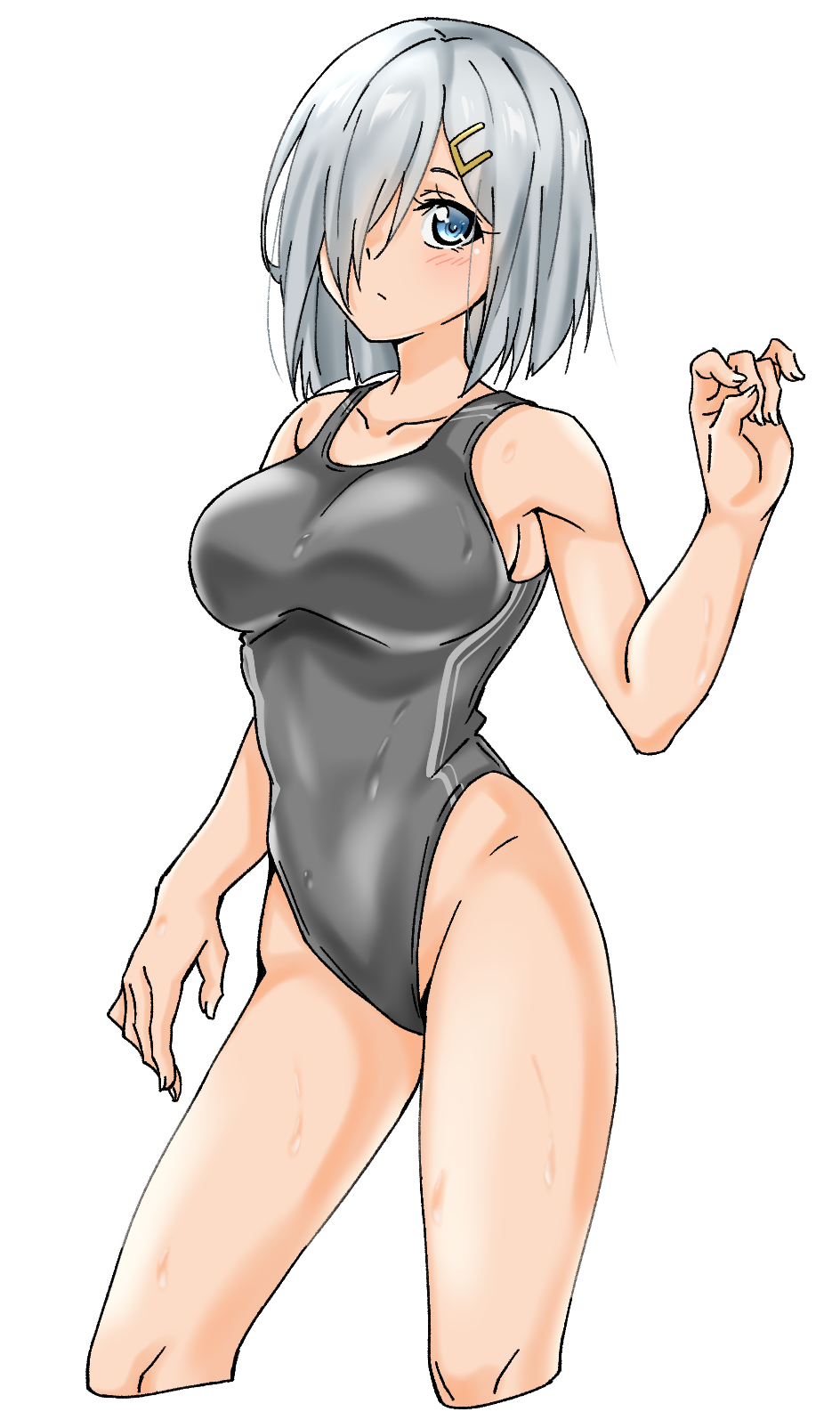 1girl blue_eyes breasts competition_swimsuit contrapposto cowboy_shot grey_swimsuit hair_ornament hair_over_one_eye hairclip hamakaze_(kantai_collection) highleg highleg_swimsuit highres kantai_collection large_breasts looking_at_viewer maonatten one-piece_swimsuit short_hair silver_hair simple_background solo standing swimsuit white_background