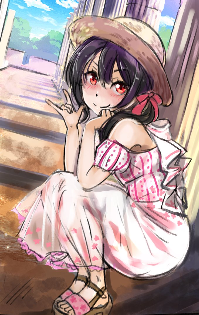 1girl \m/ alternate_costume alternate_hairstyle architecture bare_shoulders black_hair dress frilled_dress frills greco-roman_architecture hair_between_eyes hair_ribbon hand_on_own_chin hashtag-only_commentary hat looking_at_viewer losslessarts love_live! love_live!_school_idol_project off_shoulder outdoors ponytail red_eyes ribbon ruins sandals see-through_clothes smile solo squatting straw_hat yazawa_nico