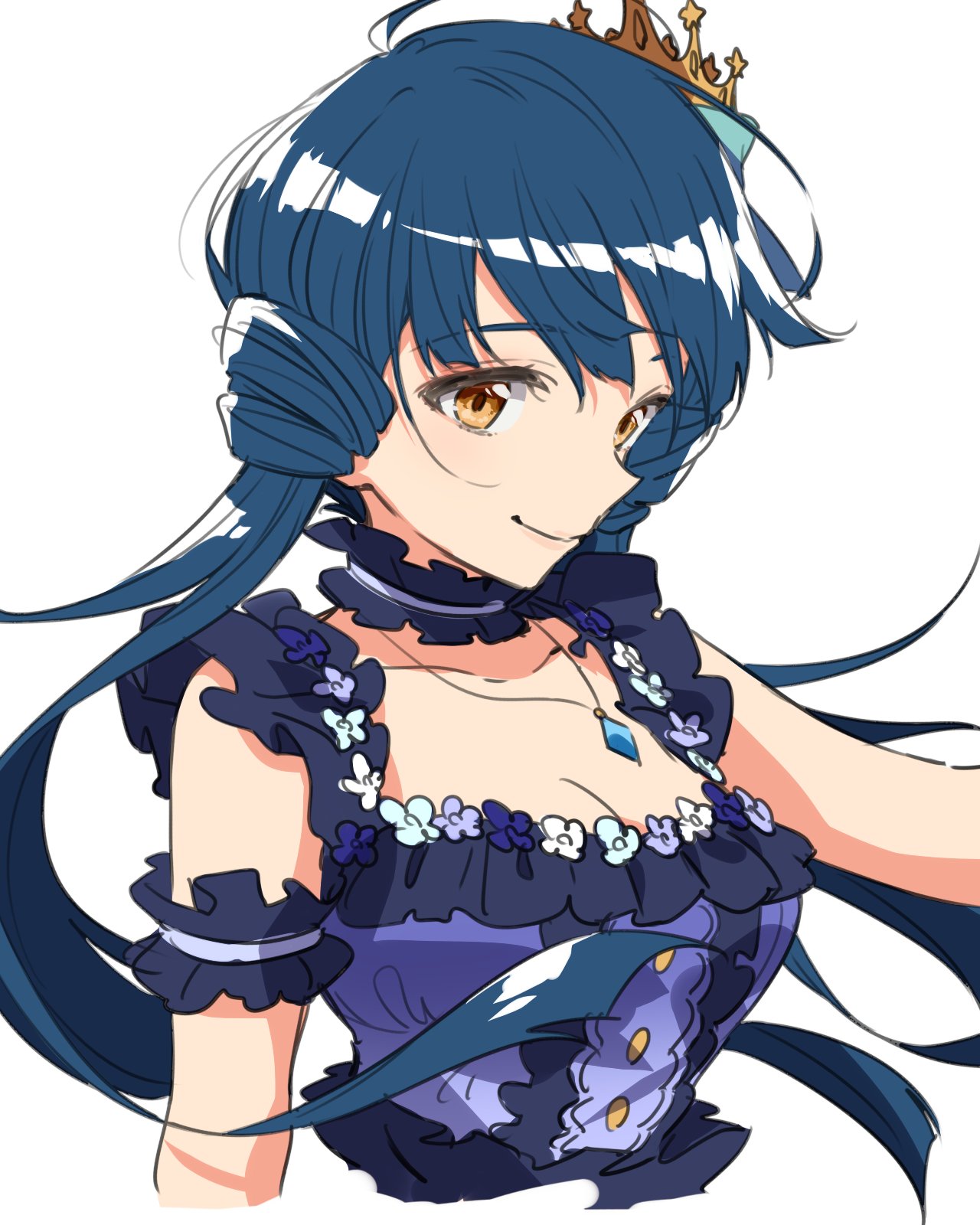 1girl arm_scrunchie blue_hair blush breasts choker cleavage closed_mouth crown highres idolmaster idolmaster_million_live! jewelry kitakami_reika long_hair looking_at_viewer low_twintails medium_breasts nagami_tami necklace simple_background sketch sleeveless smile solo twintails upper_body yellow_eyes