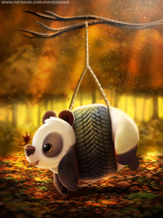 ambiguous_gender autumn branch cryptid-creations giant_panda leaf mammal solo tire_swing ursid