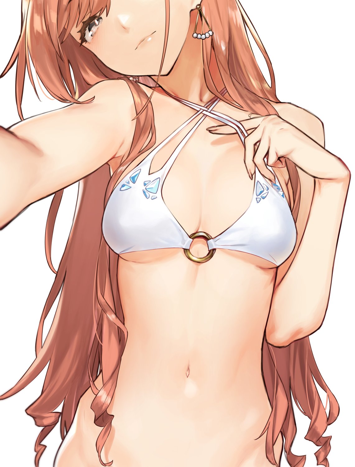 1girl 92m arisugawa_natsuha bare_shoulders bikini bikini_pull breasts brown_eyes drill_hair earrings groin hand_under_clothes hand_under_swimsuit hands_up head_tilt highres hip_bones idolmaster idolmaster_shiny_colors jewelry light_smile long_hair looking_at_viewer navel o-ring o-ring_top orange_hair simple_background small_breasts smile solo swimsuit upper_body white_background white_bikini