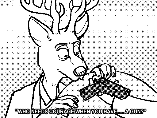 2020 4:3 4_fingers anthro antlers beastars black_and_white cervid clothed clothing disembodied_hand english_text fingers fur gun handgun horn humor louis_(beastars) male mammal monochrome pistol ranged_weapon rml text weapon
