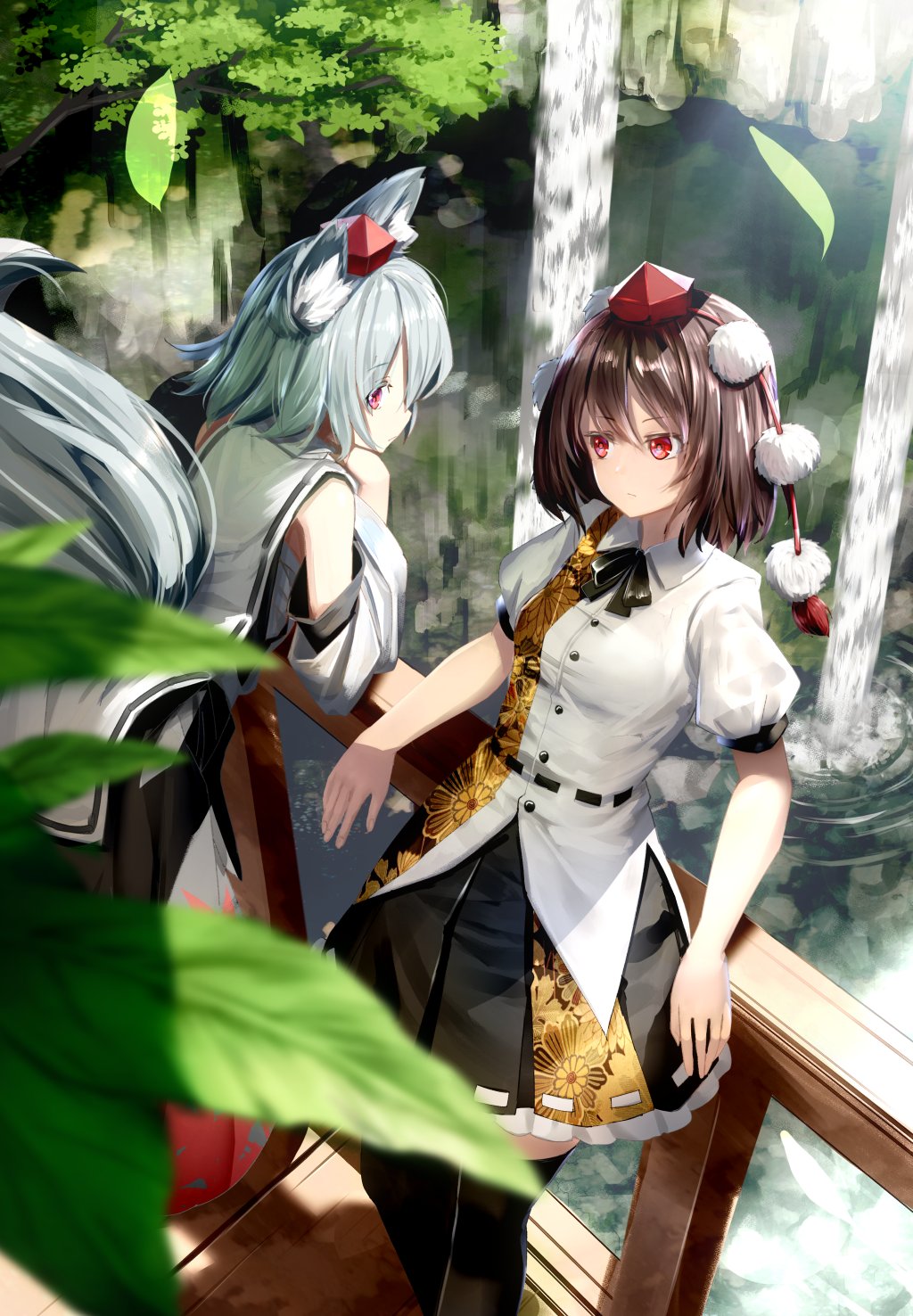 2girls against_railing animal_ears arm_support bangs black_legwear black_ribbon brown_hair chin_rest cowboy_shot day detached_sleeves expressionless floral_print hair_between_eyes hat highres inubashiri_momiji leaf leaning leaning_back leaning_forward leaning_on_object leaning_on_rail multiple_girls neck_ribbon outdoors patterned_clothing pleated_skirt pom_pom_(clothes) red_eyes ribbon ryosios shameimaru_aya shirt short_hair short_sleeves silver_hair skirt sleeveless sleeveless_shirt standing tail thighhighs tokin_hat touhou tree water waterfall wolf_ears wolf_tail zettai_ryouiki