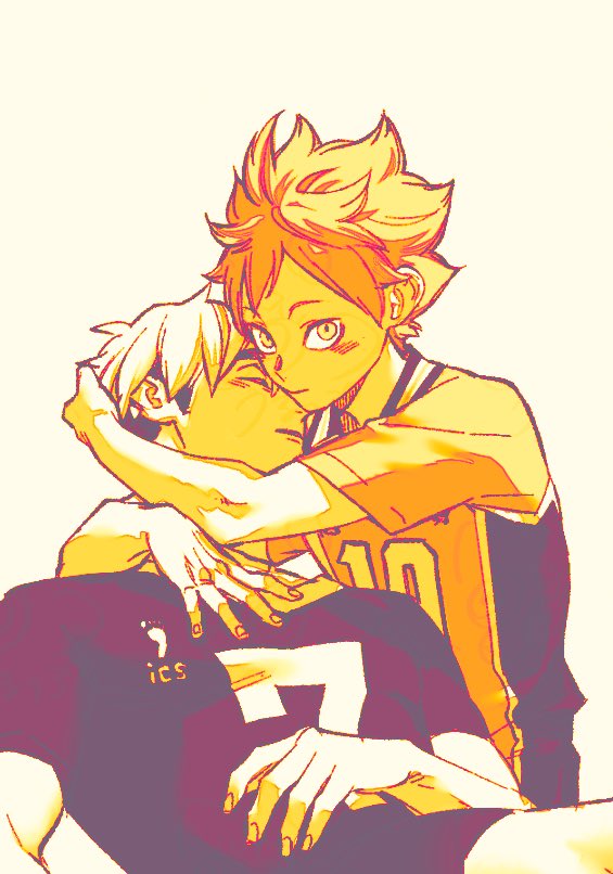 2boys arm_across_waist arm_around_neck arm_around_shoulder cream_background haikyuu!! hinata_shouyou karasuno_volleyball_uniform limited_palette looking_to_the_side male_focus miya_atsumu multicolored_hair multiple_boys orange_hair parted_bangs shirt short_hair short_sleeves sideways_glance sportswear two-tone_hair urup_zzz volleyball_uniform