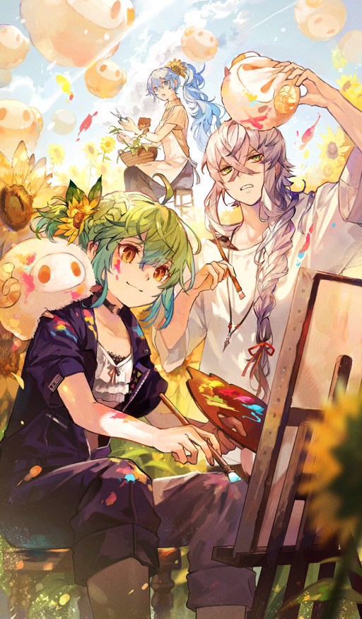 1girl 2boys ahoge androgynous annoyed apollo_(fate) apron artemis_(fate) asclepius_(color_me_true)_(fate) asclepius_(fate) basket black_jumpsuit blue_eyes blue_hair blue_skirt blue_sky blurry braid breasts brown_shirt canvas_(object) closed_mouth collarbone commentary crop_top crossdressing crossed_bangs day depth_of_field easel fate/grand_order fate_(series) floating flower frilled_shirt frills gradient_hair green_eyes green_hair grey_hair hair_between_eyes hair_flower hair_ornament hair_over_shoulder high_ponytail holding holding_paint_palette holding_paintbrush holding_scissors holding_stuffed_toy jewelry jumpsuit long_hair long_skirt looking_to_the_side looking_up multicolored_hair multiple_boys official_alternate_costume official_art open_jumpsuit open_mouth orange_eyes orion_(bear)_(fate) otoko_no_ko outdoors ozaki_domino paint paint_on_clothes paint_palette paint_splatter paint_splatter_on_face paintbrush painting_(action) paris_(fate) parted_lips partially_unzipped pendant ponytail scissors shirt short_hair short_sleeves side_braid sidelocks single_braid sitting skirt sky smile stuffed_animal stuffed_toy sunflower sunlight teddy_bear teeth third-party_source too_many turtleneck turtleneck_shirt very_long_hair white_apron white_shirt