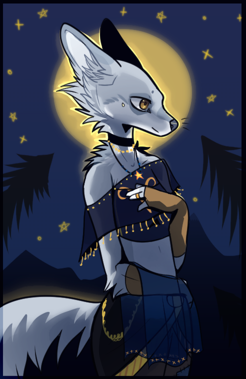 2020 anthro canid canine canis clothed clothing detailed_background digital_media_(artwork) female fur grey_body grey_fur mammal moon night outside sky smile star starry_sky wolf yellow_eyes zenirix