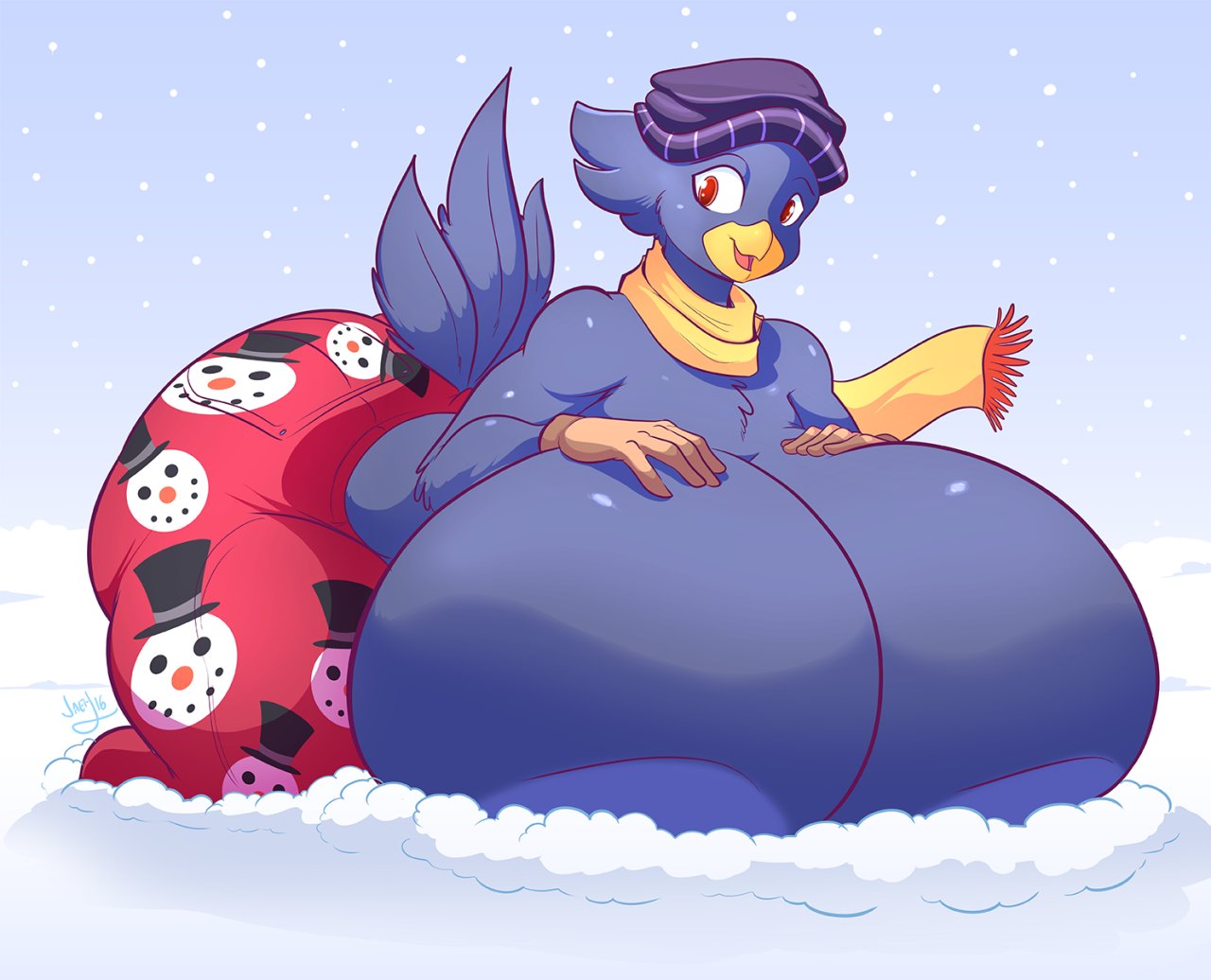 anthro avian big_breasts bird breasts busty_bird clothing corvid corvus_(genus) crow female gloves handwear huge_breasts jaeh non-mammal_breasts scarf snow solo