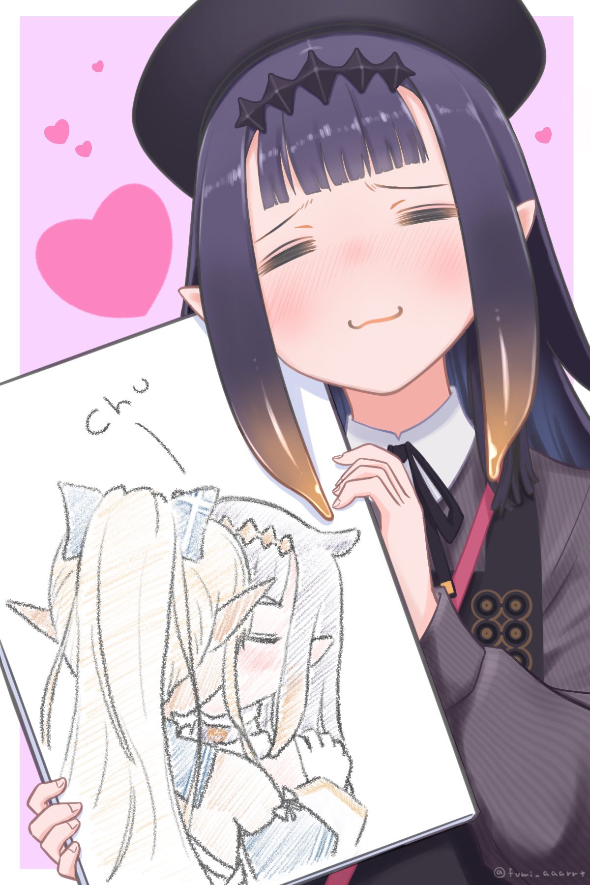 2girls :3 beret black_hat blush closed_eyes drawing_(object) fumi_aaarrt gradient_hair hat heart highres hololive hololive_english kiss long_hair multicolored_hair multiple_girls ninomae_ina'nis ninomae_ina'nis_(casual) pointy_ears shiranui_flare shiranui_flare_(1st_costume) tentacle_hair virtual_youtuber yuri_(object)