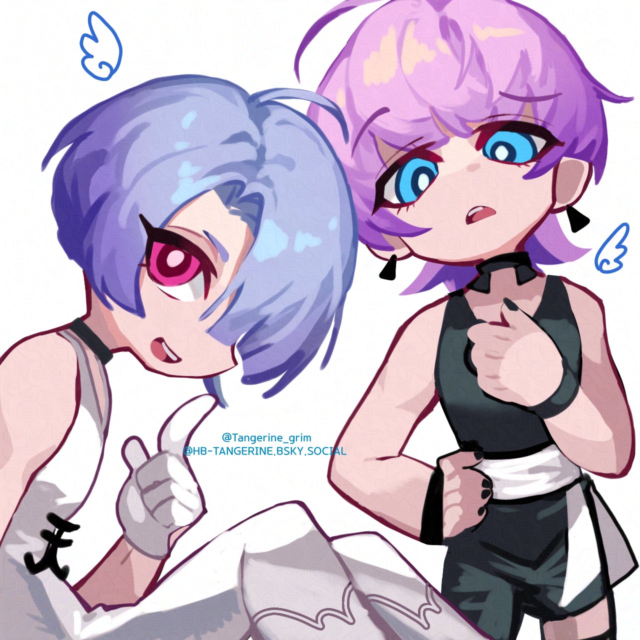 2boys angel_wings artist_name asymmetrical_clothes black_jumpsuit black_nails blue_eyes bluesky_username bright_pupils brothers chibi choker cleavage_cutout clothing_cutout earrings eyelashes finger_to_own_chin gloves hair_intakes hand_on_own_hip highres jewelry jumpsuit looking_at_viewer male_focus multiple_boys open_mouth panty_&_stocking_with_garterbelt pink_eyes pink_hair polyester_(psg) polyurethane_(psg) purple_hair ribbon ringed_eyes siblings simple_background single_pantsleg sitting sleeveless_jumpsuit smile tangerine_grim teeth triangle_earrings twitter_username upper_teeth_only waist_ribbon white_background white_gloves white_jumpsuit white_pupils white_ribbon wings wristband