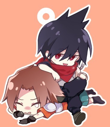 2boys alba_(senyuu) bandana black_hair black_pants boots chibi chibi_only closed_eyes crossed_legs grey_boots lowres multiple_boys open_mouth outline pants red_bandana ross_(senyuu) sen'yuu. simple_background sitting tears white_outline yourvoyage