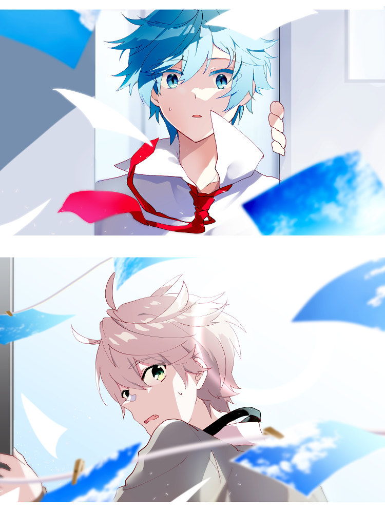 2boys bandaid bandaid_on_face bandaid_on_nose bennett_(genshin_impact) blue_eyes blue_hair chongyun_(genshin_impact) clothesline collared_shirt genshin_impact green_eyes grey_hair hair_between_eyes looking_at_another male_focus multiple_boys necktie open_mouth opening_door paper red_necktie shirt short_hair sweatdrop yourvoyage