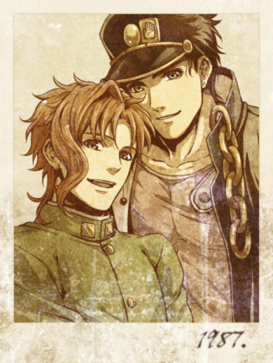2boys black_hair black_hat brown_hair chain cherry_earrings commentary_request earrings food-themed_earrings gakuran hat height_difference jewelry jojo_no_kimyou_na_bouken kakyoin_noriaki kujo_jotaro lanxjourney male_focus multiple_boys open_mouth school_uniform smile stardust_crusaders