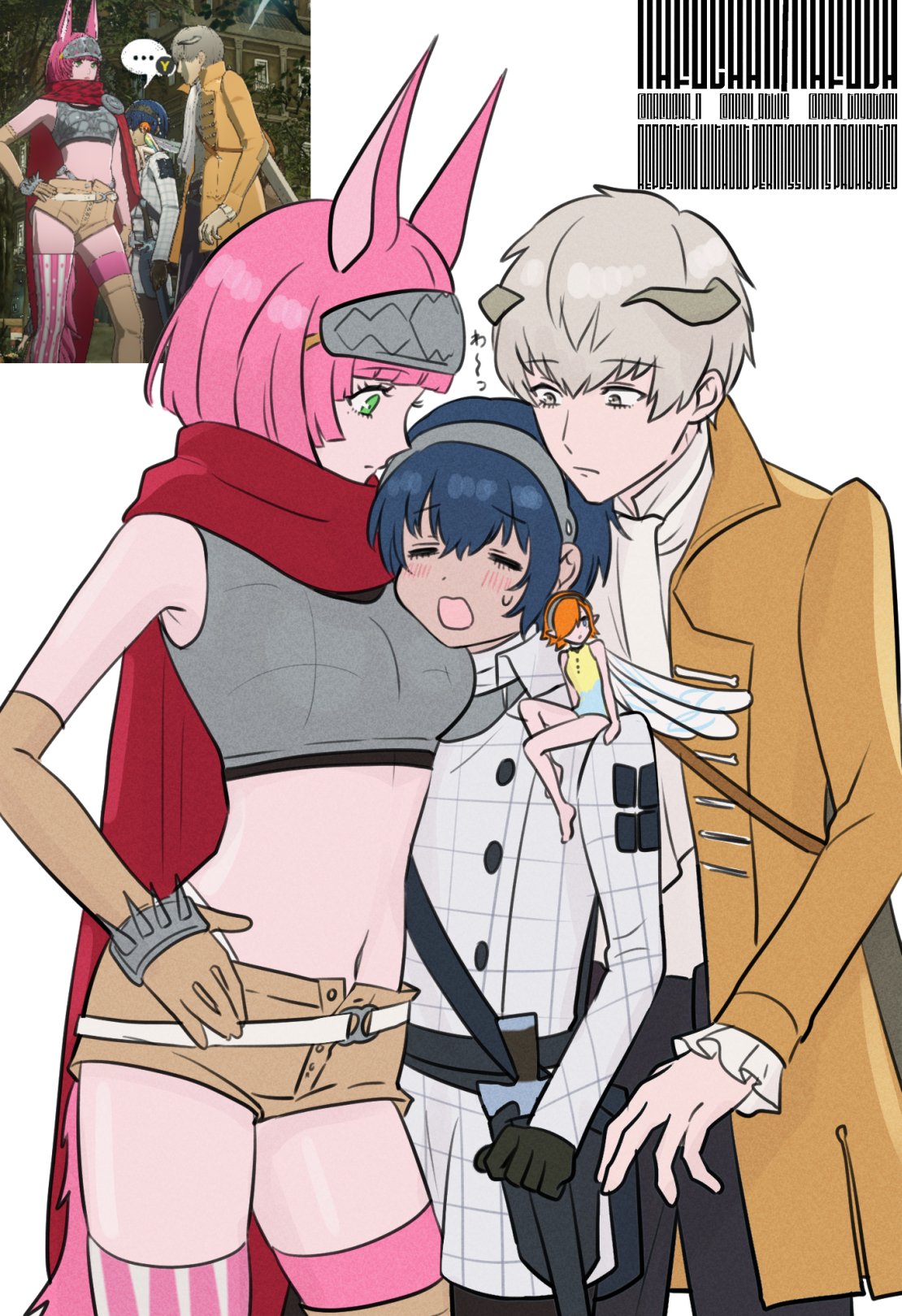 2boys 2girls animal_ears black_gloves blue_hair blush breasts brown_coat brown_gloves brown_shorts cape catherina_(metaphor:_refantazio) closed_eyes closed_mouth coat commentary_request crop_top eyelashes fairy fairy_wings gallica_(metaphor:_refantazio) game_screenshot_inset gloves green_eyes grey_eyes grey_hair hand_on_own_hip highres horns hug medium_breasts metaphor:_refantazio multiple_boys multiple_girls nafuda navel orange_hair pink_hair protagonist_(metaphor:_refantazio) red_cape short_hair short_shorts shorts simple_background standing strohl_(metaphor:_refantazio) sweat translation_request white_background wings