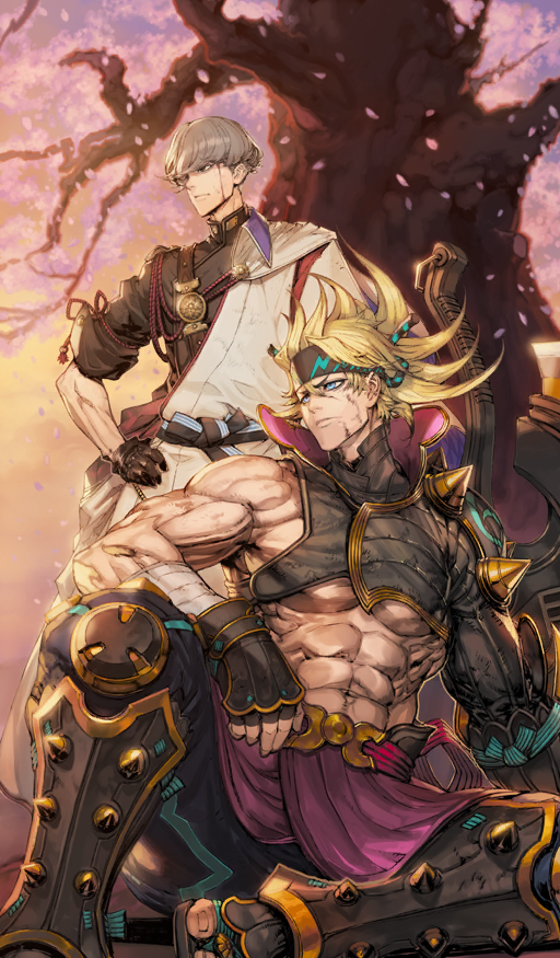 2boys abs arm_on_own_leg arm_support armor armored_boots axe bandaged_arm bandages belt black_gloves black_headband black_jacket black_pants black_sash blonde_hair blood blood_on_face blue_eyes boots bowl_cut brown_eyes cape cherry_blossoms closed_mouth collared_cape commentary fate/grand_order fate_(series) fingerless_gloves frown gloves golden_eater grey_hair hand_on_own_hip headband heian-kyou_(fate/grand_order) jacket japanese_armor japanese_clothes male_focus multiple_boys muscular muscular_male navel no_shirt official_art outdoors pants planted planted_axe sakata_kintoki_(fate) sakata_kintoki_(heian_warrior_attire)_(fate) sash shishizaru short_hair short_sleeves side_cape single_bare_shoulder single_sleeve sitting spikes standing sunlight sunrise third-party_source toned toned_male tree underpec watanabe_no_tsuna_(fate) white_cape wing_collar