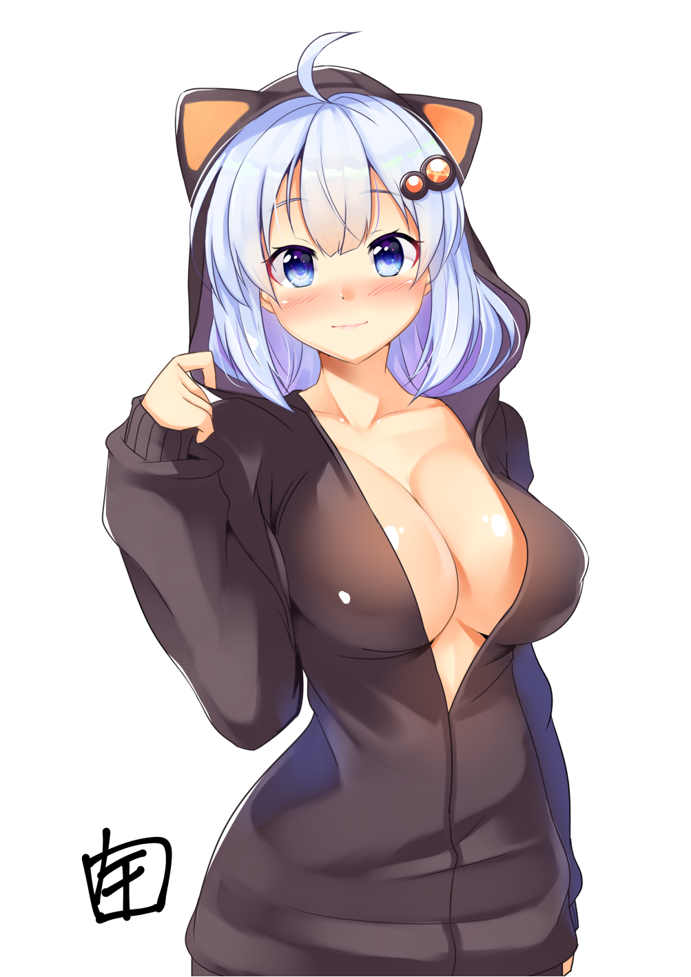 1girl ahoge black_hoodie black_jacket blue_eyes blue_hair breasts cleavage closed_mouth collarbone commentary_request eyebrows_visible_through_hair hair_ornament highres hood hooded_jacket jacket kizuna_akari large_breasts long_sleeves looking_at_viewer minase_nagi short_hair simple_background smile solo voiceroid white_background