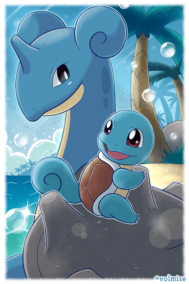 2020 2:3 ambiguous_gender blue_body day duo lapras marine nintendo open_mouth open_smile palm_tree pok&eacute;mon pok&eacute;mon_(species) rock sand shell signature smile squirtle tongue tree video_games volmise water