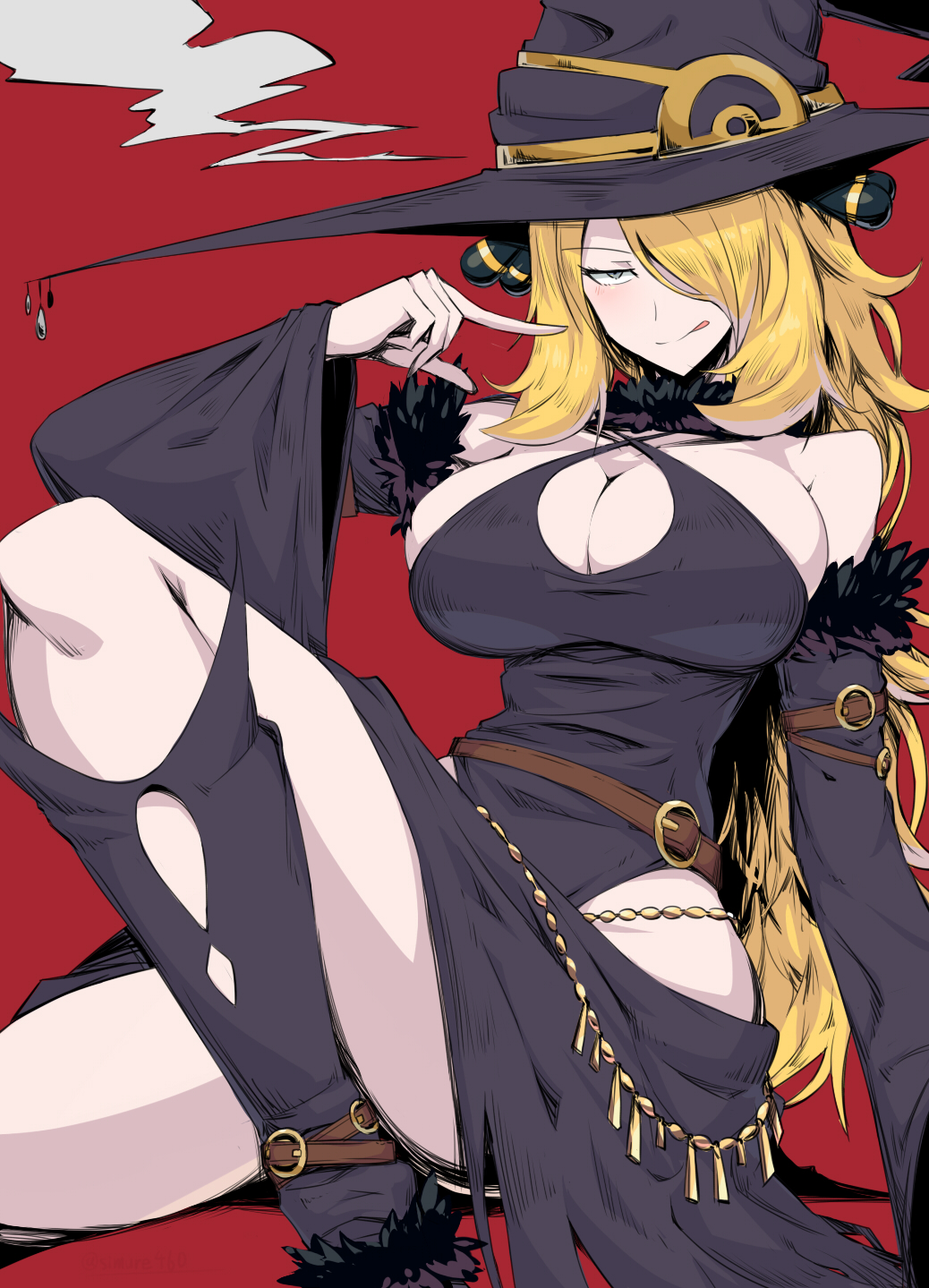 1girl bare_shoulders belt black_dress blonde_hair breasts cleavage detached_sleeves dress hair_over_one_eye hat highres large_breasts licking_lips long_hair pokemon pokemon_(game) red_background shimure_(460) shirona_(pokemon) sitting thighs tongue tongue_out wide_sleeves witch_hat yellow_eyes