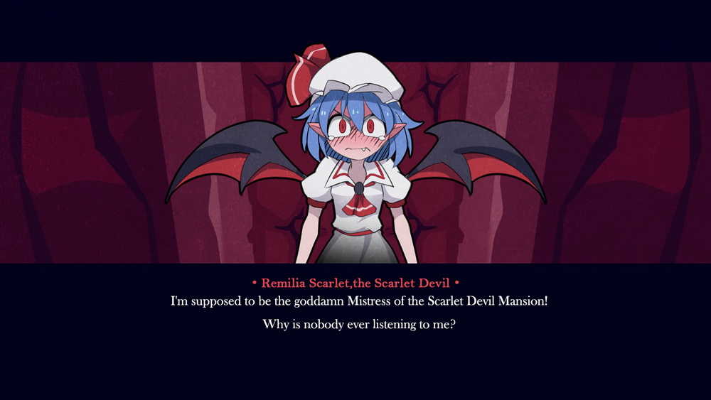 1girl ascot bat_wings blue_hair blush cup dress drinking_glass english_text fake_screenshot fang flustered hat hat_ribbon helltaker looking_at_viewer red_eyes remilia_scarlet ribbon smirk solo tears touhou wine_glass wings z.o.b