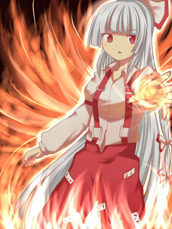 bad_id bad_pixiv_id fire fujiwara_no_mokou outstretched_hand red_eyes solo standing suspenders touhou yoshi_(2kr2y)