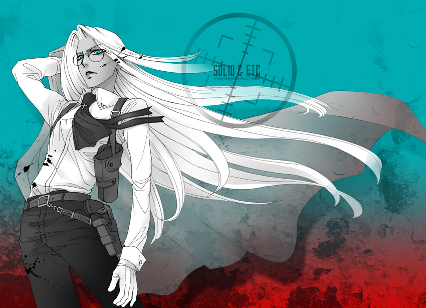 blood blue_eyes female glasses gloves gradient gradient_background hellsing holster integra_hellsing partially_colored solid&amp;etc solo white_hair