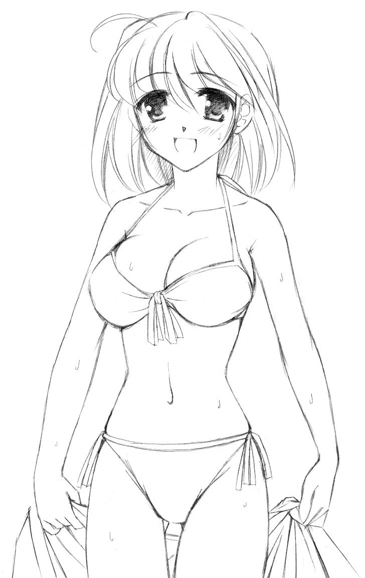 bikini graphite_(medium) greyscale kaigara_boushi monochrome original short_hair solo swimsuit towel traditional_media wet