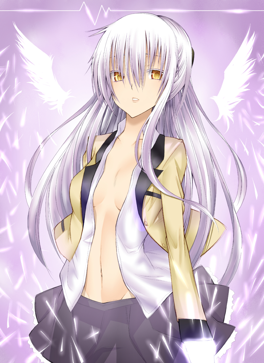 angel_beats! bad_id bad_pixiv_id breasts brown_eyes cleavage daive highres long_hair open_clothes open_shirt school_uniform shirt skirt small_breasts solo tenshi_(angel_beats!) white_hair wings