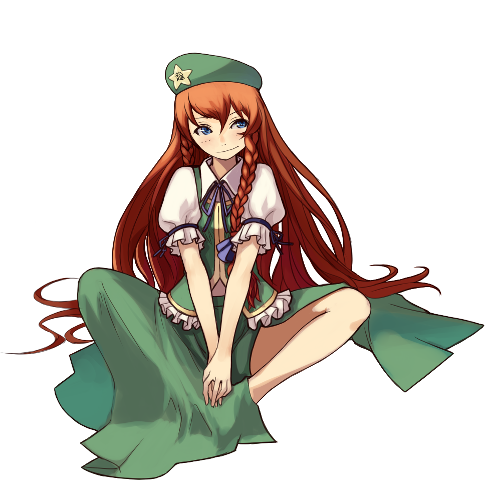 bad_id bad_pixiv_id blue_eyes braid china_dress chinese_clothes dress hands_on_feet hat hong_meiling kansou_samehada long_hair red_hair simple_background sitting smirk solo touhou twin_braids v_arms