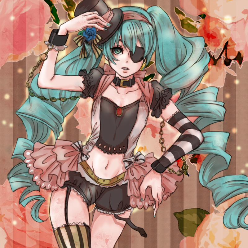 aqua_eyes aqua_hair bad_id bad_pixiv_id cuffs drill_hair eyepatch flower handcuffs hat hatsune_miku long_hair marika_monroe midriff navel rose single_thighhigh solo striped striped_legwear thighhighs top_hat twintails vertical-striped_legwear vertical_stripes very_long_hair vocaloid