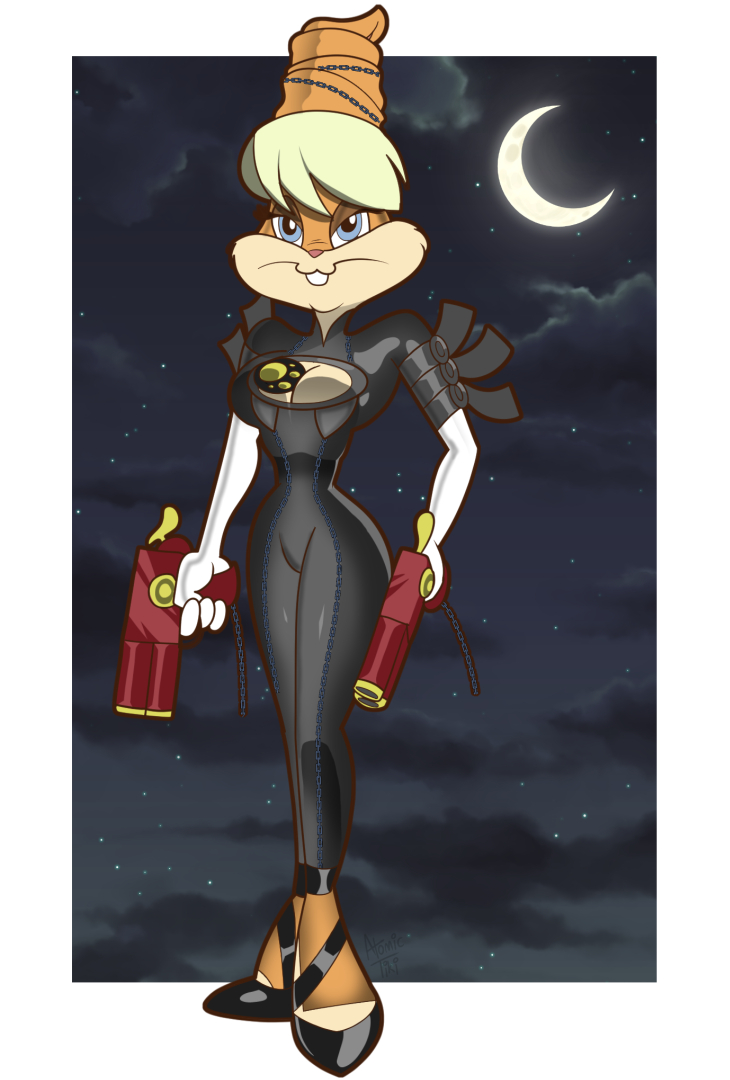 anthro atomictiki bayonetta bayonetta_(character) breasts buckteeth cleavage cleavage_cutout clothed clothing cosplay crescent_moon ears_up female gun handgun holding_gun holding_handgun holding_object holding_pistol holding_weapon lagomorph leporid lola_bunny looney_tunes mammal moon pistol rabbit ranged_weapon solo teeth warner_brothers weapon