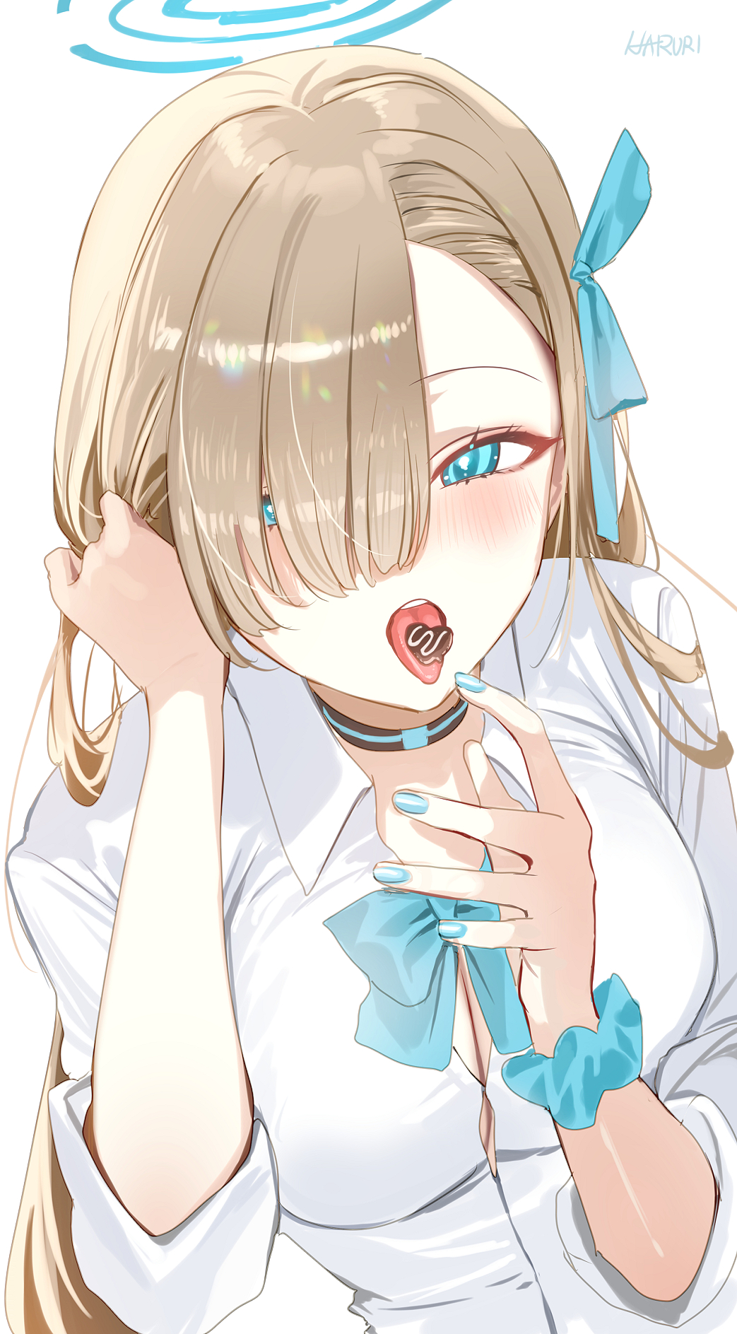 1girl asuna_(blue_archive) black_choker blue_archive blue_bow blue_bowtie blue_eyes blue_halo blue_ribbon blue_scrunchie blush bow bowtie breasts chocolate choker cleavage collared_shirt hair_over_one_eye hair_ribbon halo haruri highres large_breasts light_brown_hair long_hair open_mouth ribbon scrunchie shirt simple_background solo tongue tongue_out upper_body white_background white_shirt wrist_scrunchie