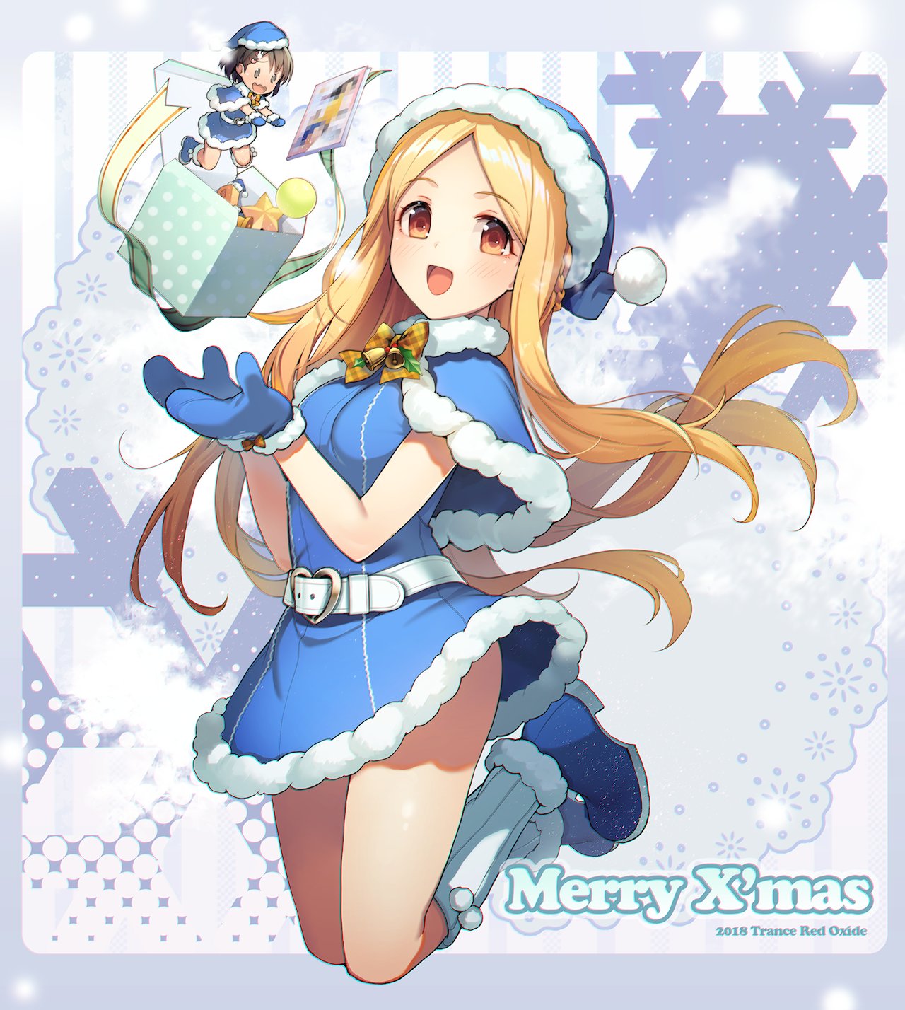 1boy 2018 2girls ankle_boots bell belt blonde_hair blue_capelet blue_dress blue_footwear blue_gloves blue_headwear blush book boots bow bowtie box breasts buckle capelet censored chibi christmas dot_nose dress embarrassed floating_hair full_body fur-trimmed_boots fur-trimmed_capelet fur-trimmed_dress fur-trimmed_gloves fur_trim gift gift_box gloves hair_ornament hands_up hat heart heart-shaped_buckle highres idolmaster idolmaster_cinderella_girls idolmaster_cinderella_girls_starlight_stage jingle_bell legs_up long_hair looking_at_viewer medium_breasts miniskirt mochizuki_hijiri mosaic_censoring multiple_girls neck_bell open_mouth p-head_producer parted_bangs plaid plaid_bow plaid_bowtie pom_pom_(clothes) producer_(idolmaster) rabbit_hair_ornament red_eyes santa_capelet santa_costume santa_dress santa_gloves santa_hat sasaki_chie skirt sleeveless sleeveless_dress smile snowflakes socks steam teiryoku_lolita wavy_mouth white_background white_belt white_socks yellow_bow yellow_bowtie