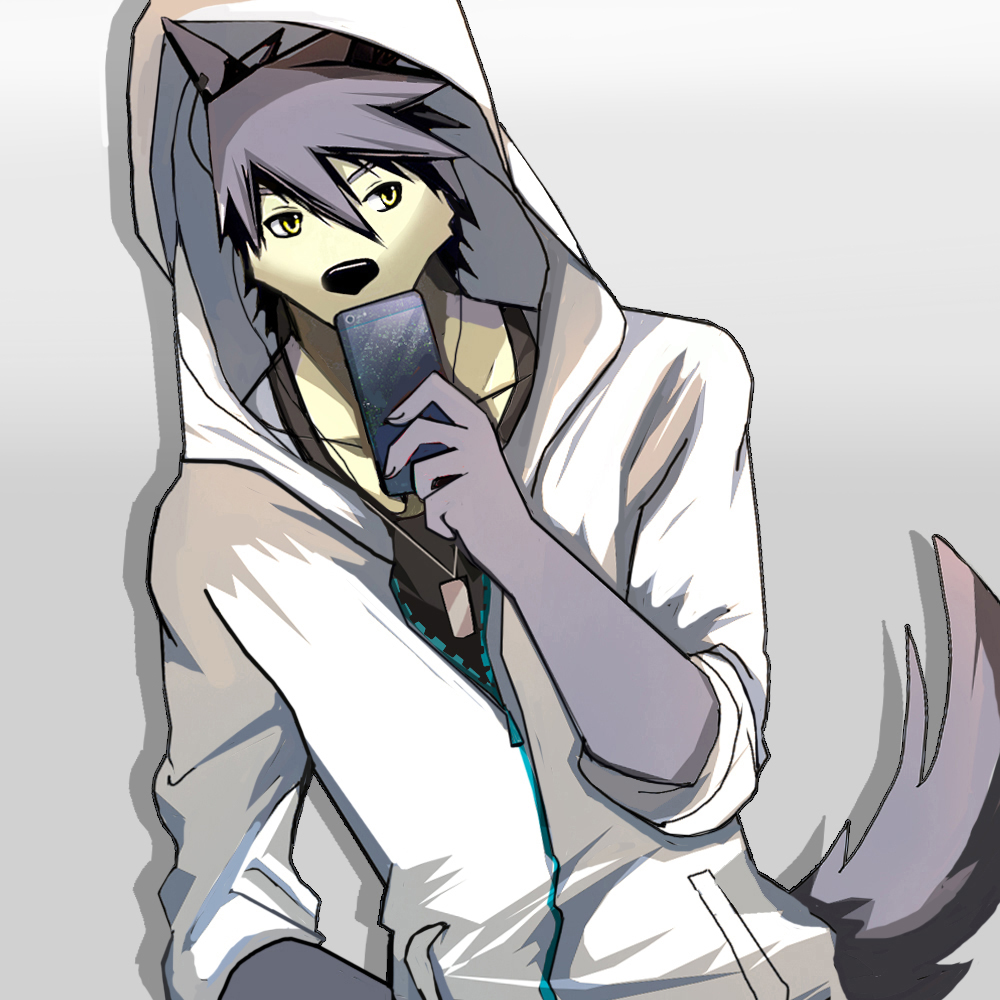 1:1 2016 4_fingers anthro bearlovestiger13 canid canine canis clothing dog_tags domestic_dog electronics fingers fur grey_background grey_body grey_fur hoodie husky kouya_(morenatsu) male mammal morenatsu nordic_sled_dog phone shirt simple_background solo spitz tail tank_top topwear yellow_eyes