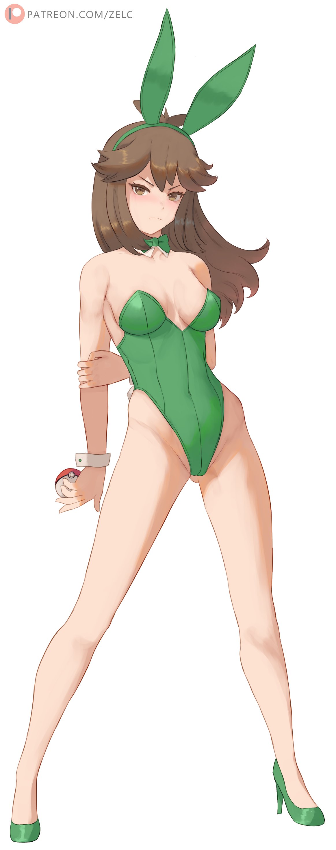 1girl absurdres alternate_costume animal_ears bare_shoulders bow bowtie breasts brown_eyes brown_hair closed_mouth covered_navel detached_collar english_commentary fake_animal_ears fake_tail frown full_body green_leotard grumpy high_heels highleg highleg_leotard highres holding holding_poke_ball leaf_(pokemon) leotard long_hair looking_at_viewer medium_breasts patreon_logo patreon_username playboy_bunny poke_ball pokemon pokemon_frlg pokemon_gsc rabbit_ear_hairband rabbit_ears rabbit_tail solo strapless strapless_leotard super_smash_bros. tail traditional_bowtie web_address white_background wrist_cuffs zelc-face