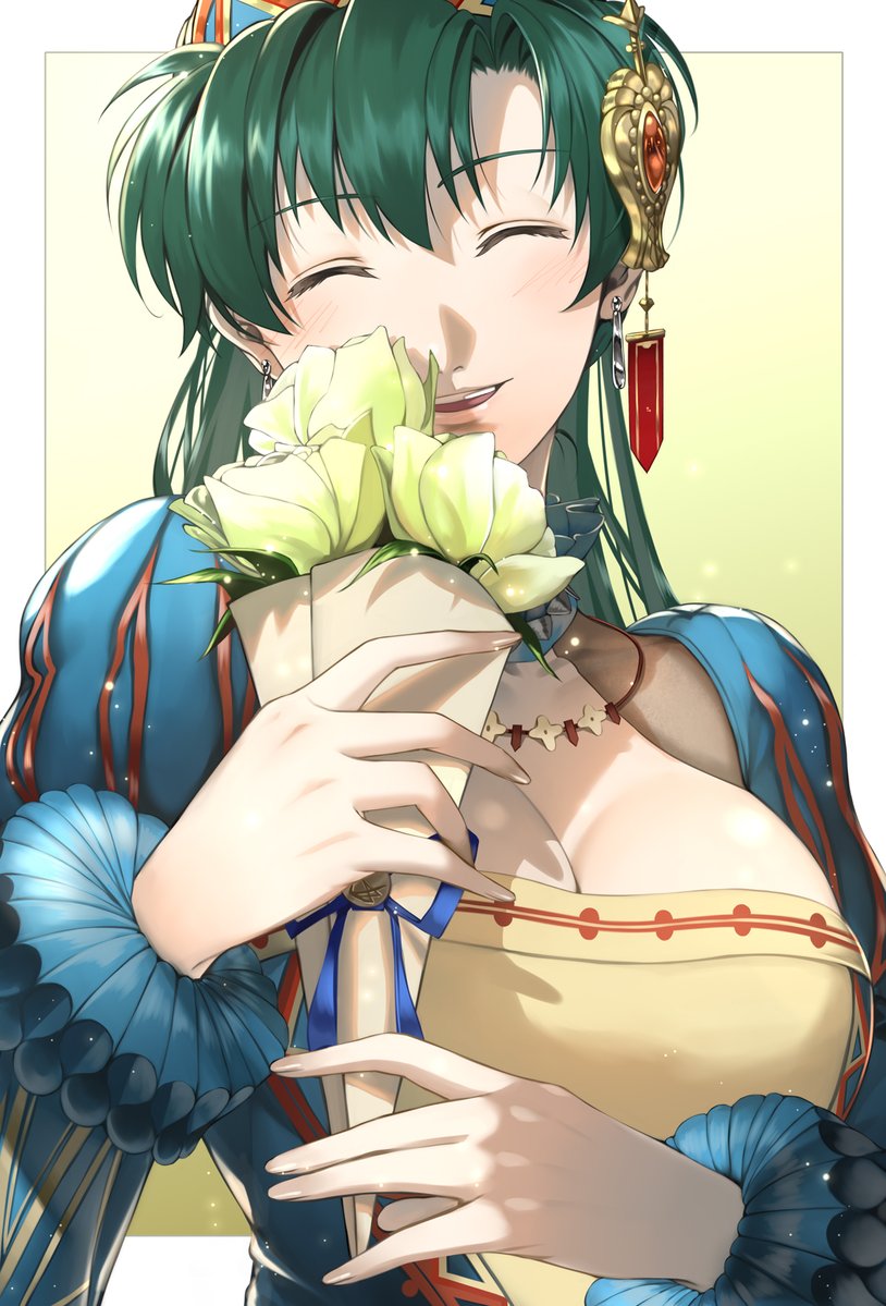 1girl blush breasts cleavage closed_eyes delsaber detached_sleeves earrings fire_emblem fire_emblem:_the_blazing_blade fire_emblem_heroes flower gradient_background grey_hair hair_ornament head_tilt jewelry long_hair long_sleeves lyn_(fire_emblem) medium_breasts necklace parted_lips puffy_sleeves smile solo teeth upper_body upper_teeth_only