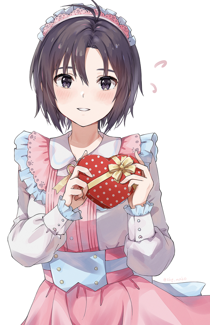 1girl antenna_hair black_hair bow box box_of_chocolates chocolate commentary dress flying_sweatdrops food frilled_dress frilled_hairband frills gift gift_box gift_wrapping hair_between_eyes hairband heart-shaped_box holding holding_box holding_chocolate holding_food holding_gift idolmaster idolmaster_(classic) idolmaster_million_live! idolmaster_million_live!_theater_days kikuchi_makoto light_blush long_sleeves looking_at_viewer maid_headdress mogskg parted_lips pink_dress pink_hairband polka_dot puffy_sleeves short_hair smile solo standing upper_body valentine white_dress white_hairband yellow_bow
