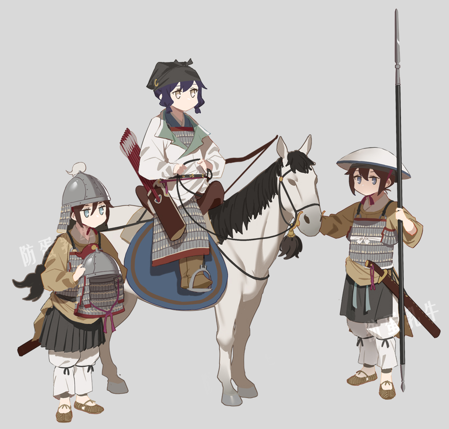 3girls armor black_hair boots bow_(weapon) breastplate brown_footwear brown_shirt chinese_armor chinese_empire coat conical_hat fangdan_runiu grey_background helmet holding holding_polearm holding_reins holding_weapon jitome lamellar_armor multiple_girls original pants pleated_skirt polearm quiver reins saddle sandals sheath sheathed shirt simple_background skirt song_dynasty stirrups_(riding) sword watermark weapon white_coat white_horse white_pants