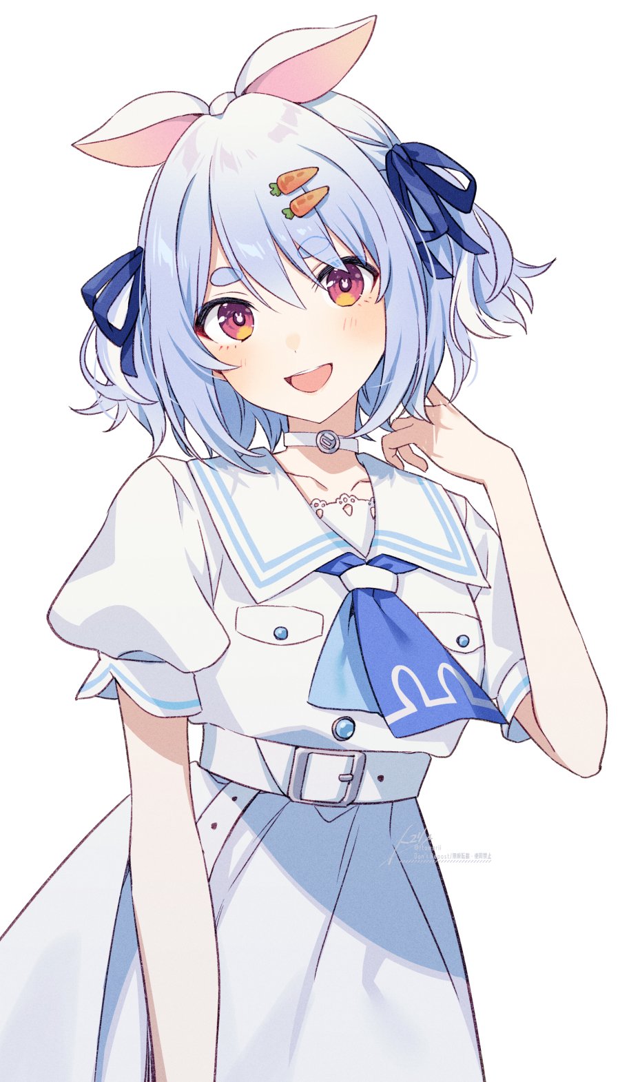 1girl :d animal_ears blue_hair blue_neckerchief blue_ribbon breasts carrot_hair_ornament curly_hair dress food-themed_hair_ornament gradient_hair hair_between_eyes hair_ornament hair_ribbon hand_in_own_hair hands_up highres hololive looking_at_viewer medium_breasts multicolored_hair neckerchief official_alternate_costume rabbit-shaped_pupils rabbit_ears rabbit_tail red_eyes ribbon sailor_collar sailor_dress short_eyebrows smile solo standing symbol-shaped_pupils tail teeth thick_eyebrows tomari_(veryberry00) two-tone_eyes two-tone_hair two_side_up upper_teeth_only usada_pekora usada_pekora_(casual) virtual_youtuber white_dress white_hair yellow_eyes