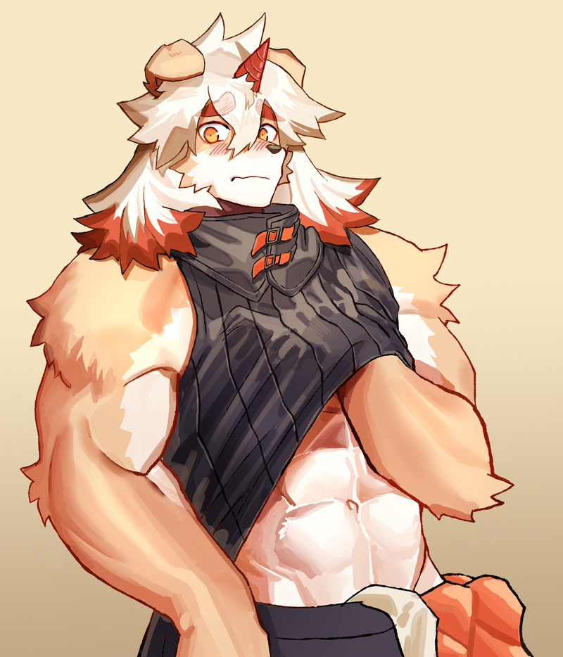 1boy abs arknights bara black_shirt blush clothes_lift colored_tips english_commentary furry furry_male hand_on_own_chest horns hung_(arknights) komainu_boy komainu_ears looking_at_viewer male_focus multicolored_hair muscular muscular_male ryulabo shirt shirt_lift single_horn sleeveless sleeveless_shirt wavy_mouth yellow_eyes